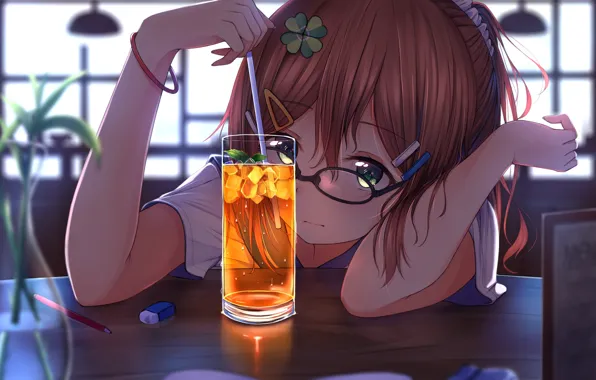 Girl, glass, ice, cafe, tube, drink, lemonade
