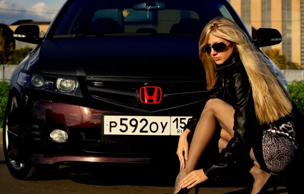 Girls, Blonde, glasses, Beautiful girl, Russian number, sitting on a car Honda