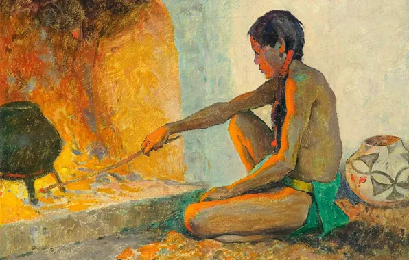 Lights, stove, pitcher, stick, Kazan, Eanger Irving Couse, Village Fireplace