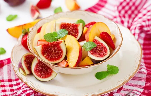 Picture food, Breakfast, strawberry, fruit, mint, peach, salad, fruit