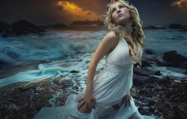 Picture sea, look, girl, sunset, sexy, pose, photo, shore