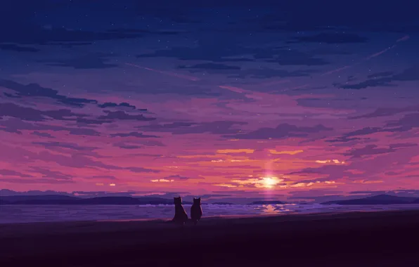Sky, sunset, art, clouds, stars, evening, cats, artist