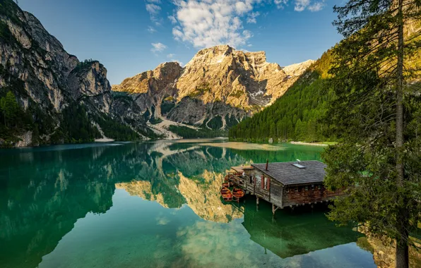 Mountains, lake, shore, Alps, house