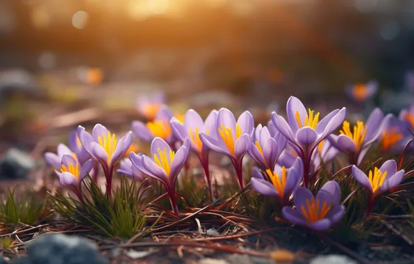 Light, flowers, glade, spring, crocuses, lilac, Krokus, bokeh