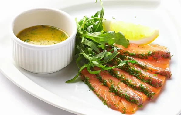 Picture sauce, greens, fish, salmon