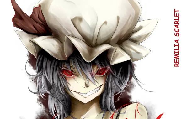 Red eyes, remilia scarlet, art, vampire, hell of a grin, face, project East, cap