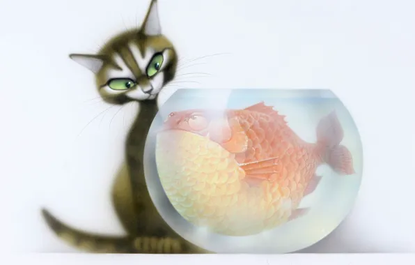 Picture cat, aquarium, fish, the situation, art, children, Vladimir Stakheev