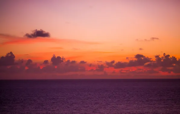 Sea, clouds, sunset, horizon, orange sky