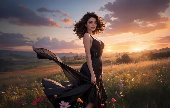 Field, clouds, sunset, flowers, smile, horizon, black dress, beautiful girl