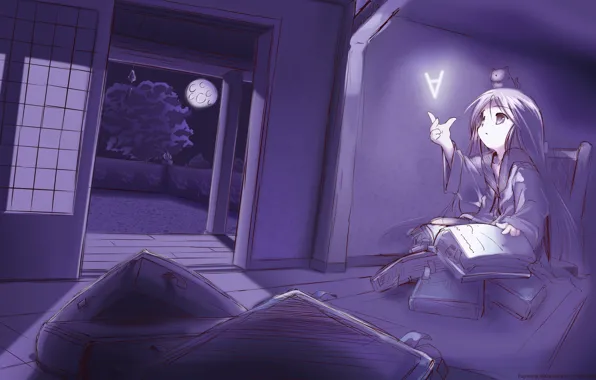 Night, magic, books, anime, art, girl, Fujiwara Warawara