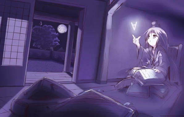 Picture night, magic, books, anime, art, girl, Fujiwara Warawara