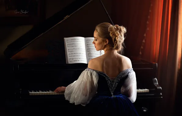 Girl, pose, dress, piano, hairstyle, Irina, Anna Shuvalova