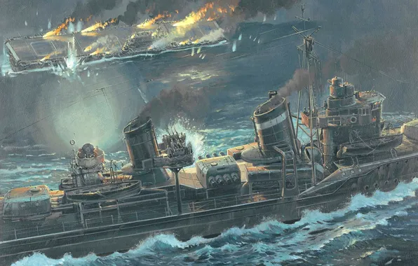 Figure, art, American, WW2, sinking, the aircraft carrier "hornet", 26 Oct 1942, destroyer of the …