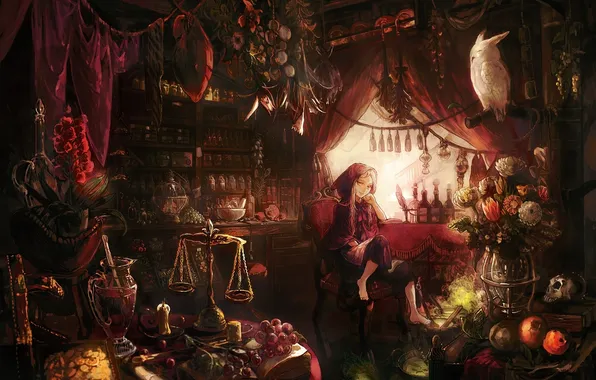 Picture girl, flowers, bird, books, skull, chair, witch, Libra