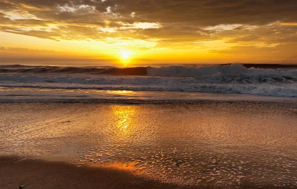Sand, sea, wave, beach, the sky, foam, water, the sun