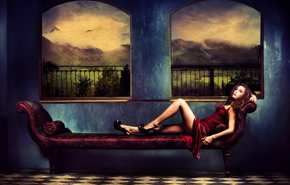 Look, landscape, Windows, dress, shoes, brown hair, hairstyle, couch