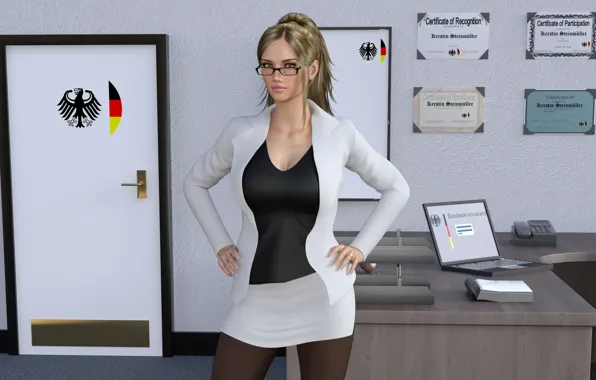 Girl, glasses, office