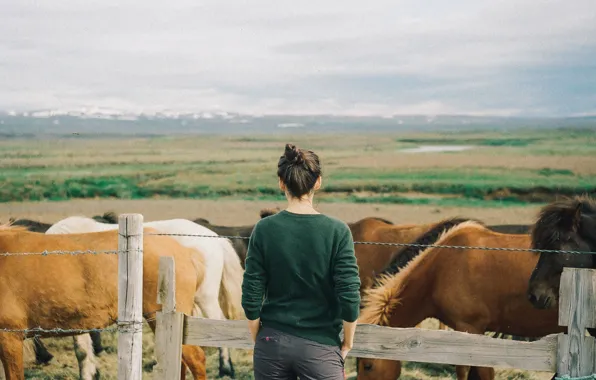 Picture field, the sky, girl, river, hills, the fence, back, wire