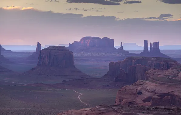 Mountains, fog, rocks, dal, morning, haze, USA, Monument Valley