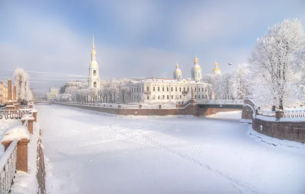 Winter, snow, bridge, the city, Church, Gordeev Edward