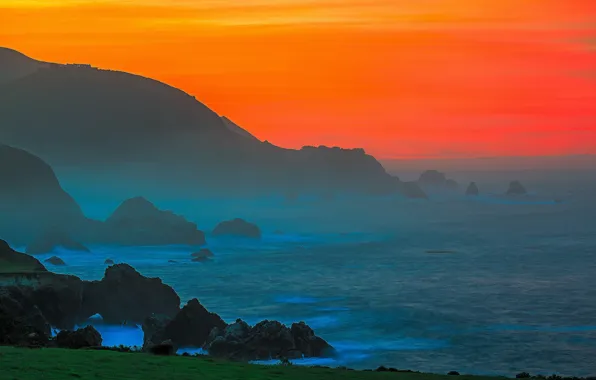 Picture sea, rocks, CA, glow, USA