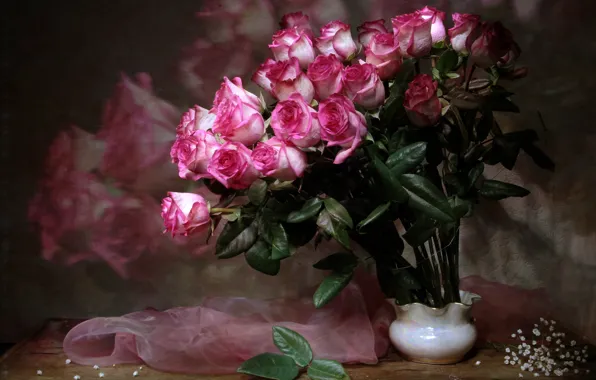 Leaves, flowers, table, background, roses, bouquet, vase, pink