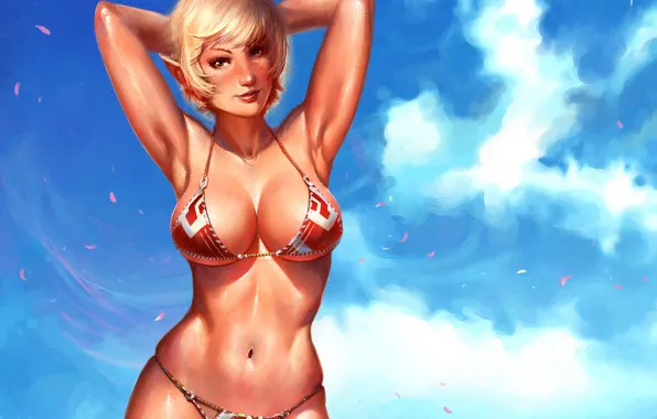 Swimsuit, girl, clouds, tan, petals, pointy ears