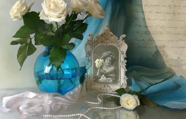 Letter, retro, photo, portrait, roses, texture, necklace, girl