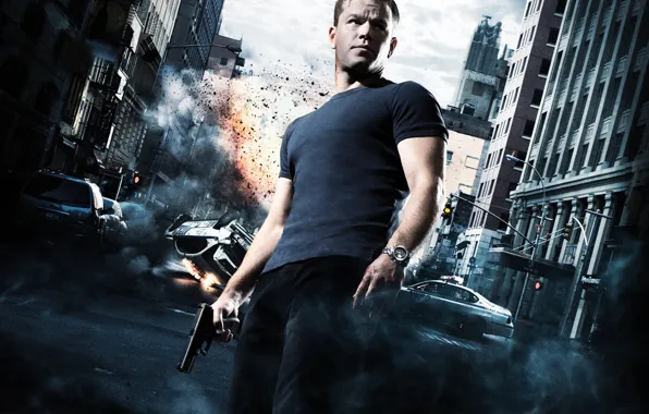 Picture crash, machine, gun, street, agent, poster, Matt Damon, Matt Damon