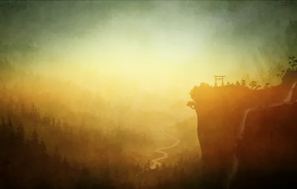 Forest, light, river, rocks, waterfall, Japan