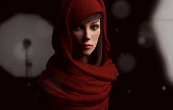 Picture girl, face, art, hood, in red, Rajbir Dhalla