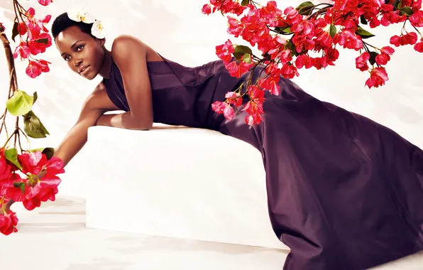 Picture girl, flowers, branches, black, Afro, Lupita Nyong'o, Atria