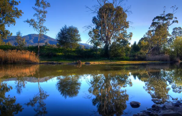 The sky, trees, mountains, nature, river