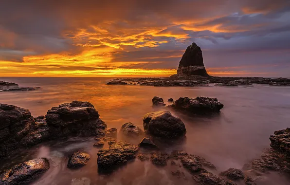 Sea, the sky, clouds, rock, stones, shore, the evening, tide