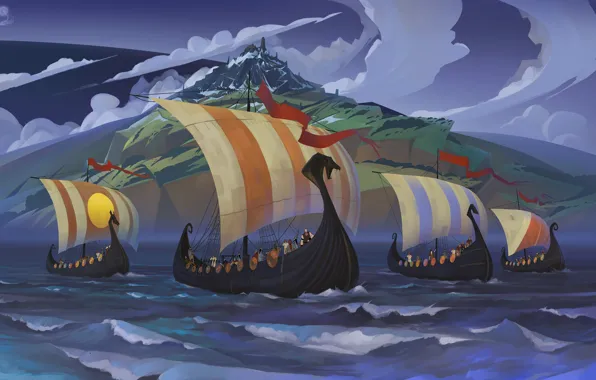 Sea, landscape, ship, art, sail, warriors, Banner Saga