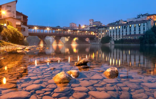 City, river, bridge, stones