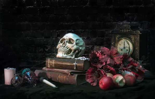 Apples, books, skull