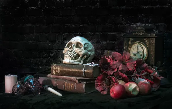 Apples, skull, book