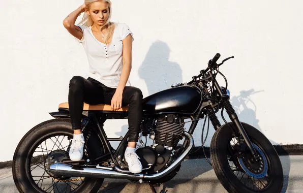 Asphalt, girl, the sun, pose, wall, black, sneakers, t-shirt