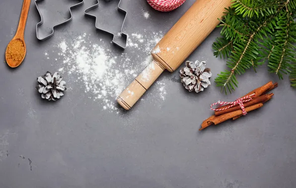 Background, new year, spruce, rolling pin, bakeware