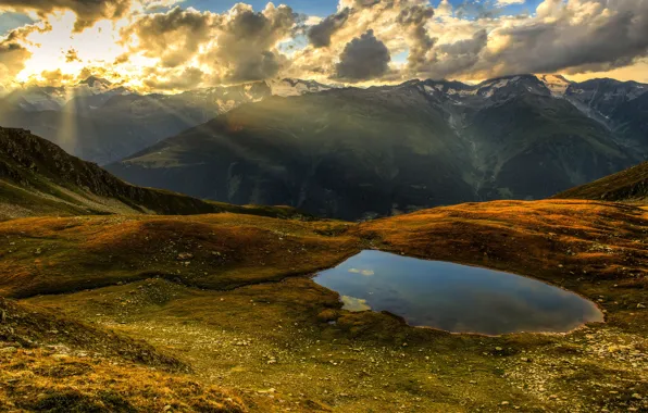 Autumn, forest, the sky, the sun, clouds, rays, light, mountains