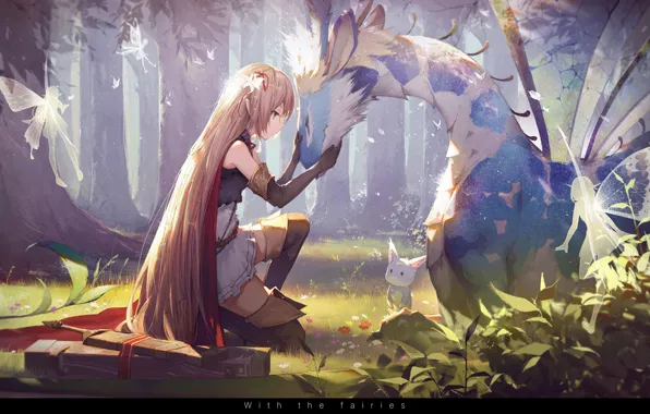 Forest, animals, girl, trees, nature, weapons, magic, wings