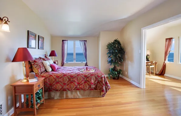 Room, the ocean, view, bed, plants, pillow, blanket, bedroom