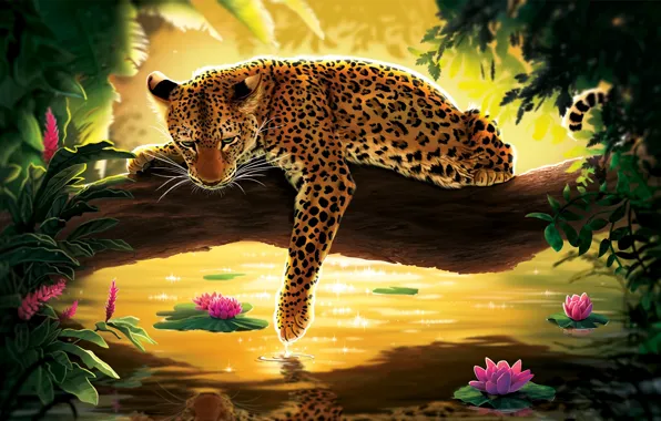 Picture water, flowers, tree, leopard