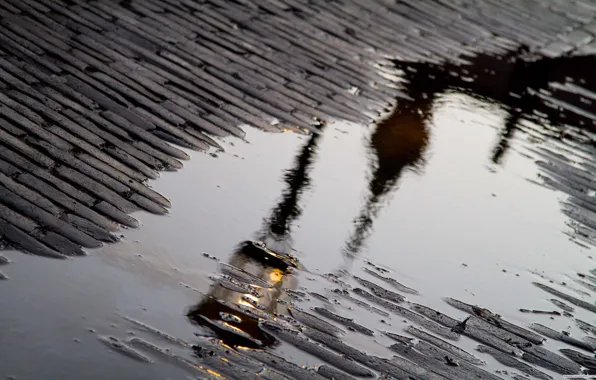 Picture reflection, rain, puddle, lantern, bridge