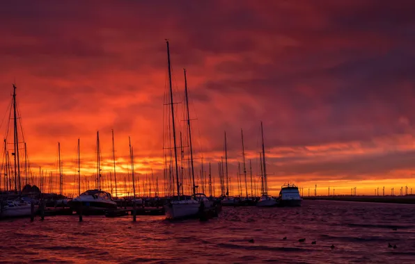 Clouds, sunset, yachts, glow, harbour