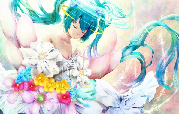 Girl, flowers, Shine, petals, art, vocaloid, hatsune miku, museum2088
