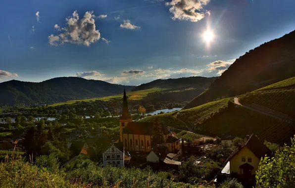 Picture the sky, the sun, mountains, the city, photo, home, Germany, Senheim