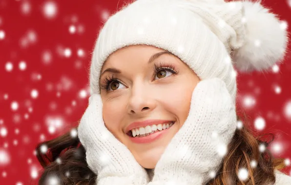 Winter, face, smile, hat, mittens
