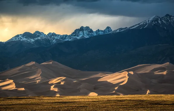 Picture the storm, field, clouds, snow, mountains, dunes